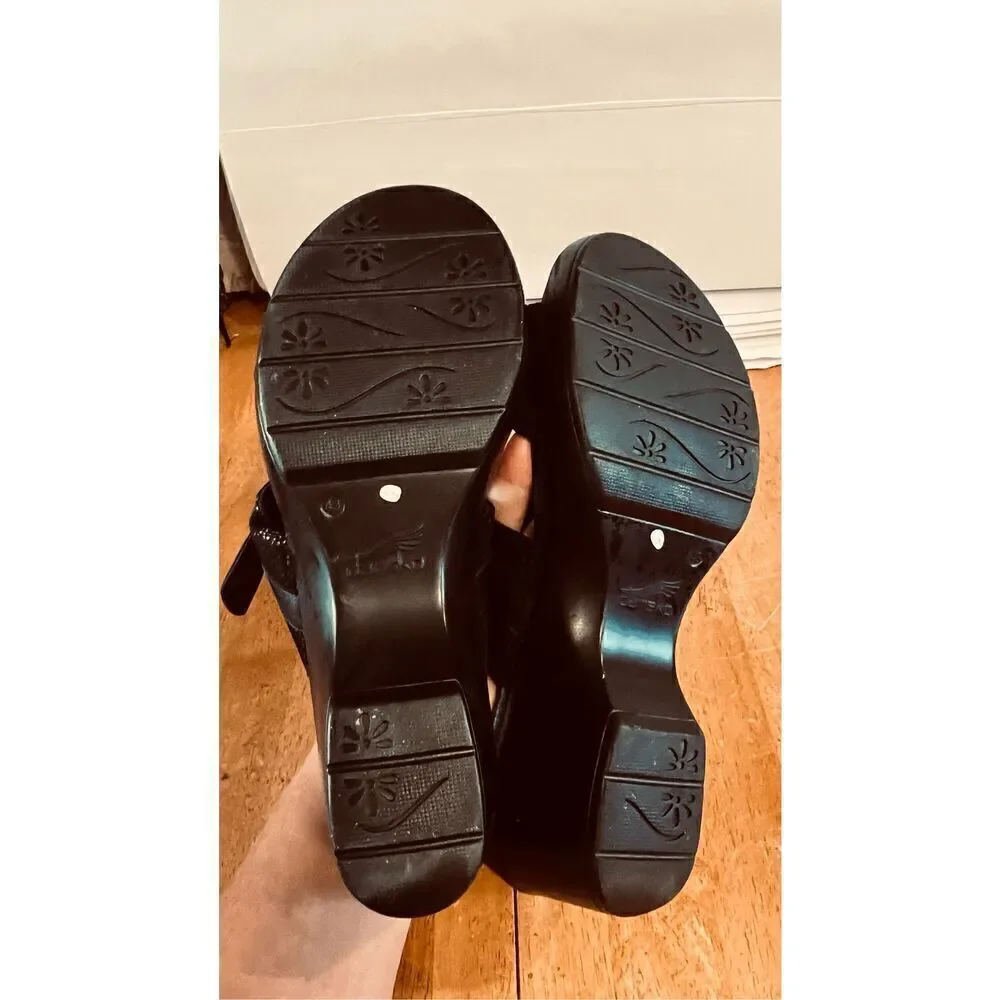Dansko Jessie Black Leather Lizard Embossed Platform Sandals Clogs SZ 9.5